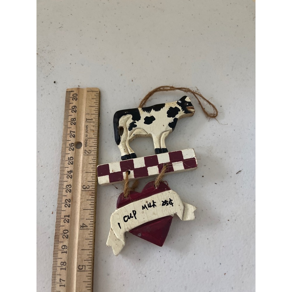 Vintage Primitive Wooden Cow Ornament 1 Cup Milk 25 Cents Farmhouse Decor Heart